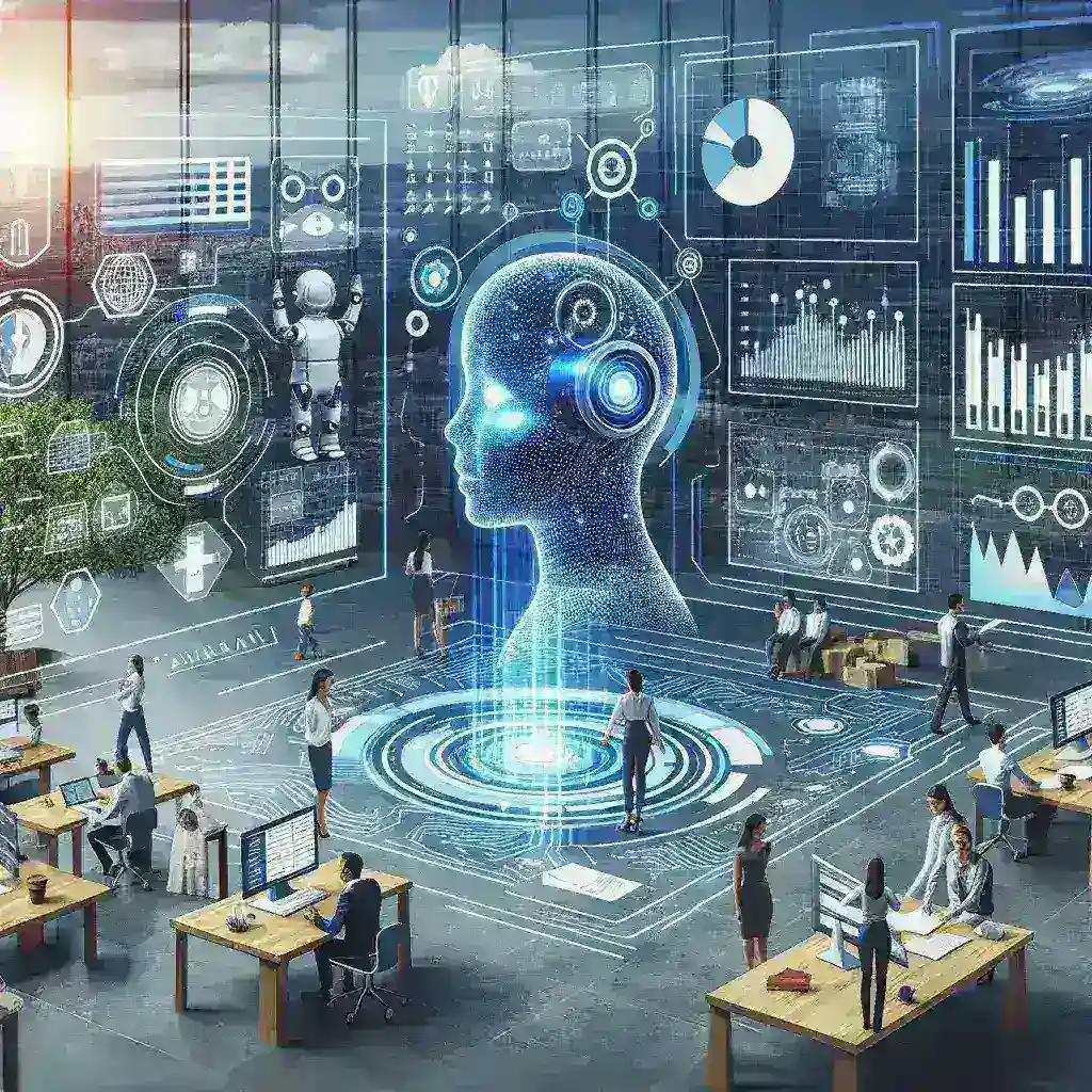 "Imagen que ilustra la implementación de inteligencia artificial en la gestión de proyectos en 2024, mostrando herramientas digitales y colaboración en equipo para optimizar procesos laborales."